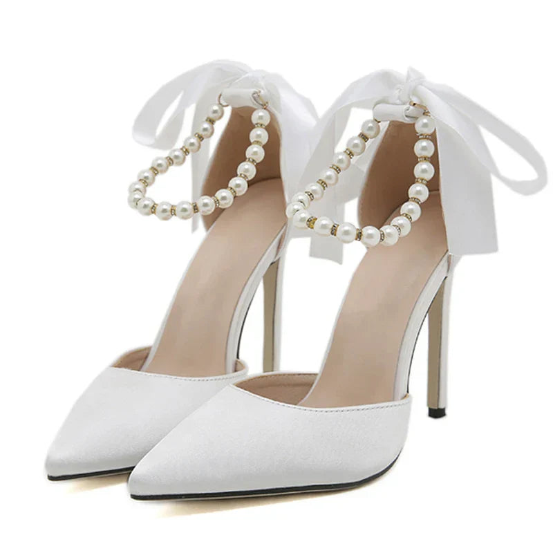 VougeVamp White, Black String Bead Slingback Pumps - Pointed Toe Stiletto High Heel Sandals for Women