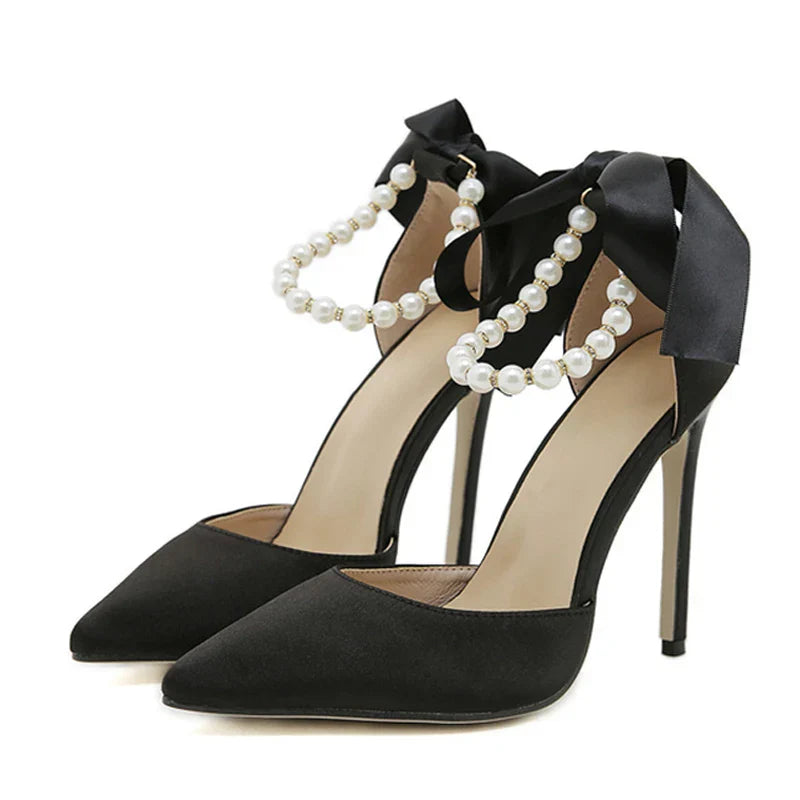 VougeVamp White, Black String Bead Slingback Pumps - Pointed Toe Stiletto High Heel Sandals for Women