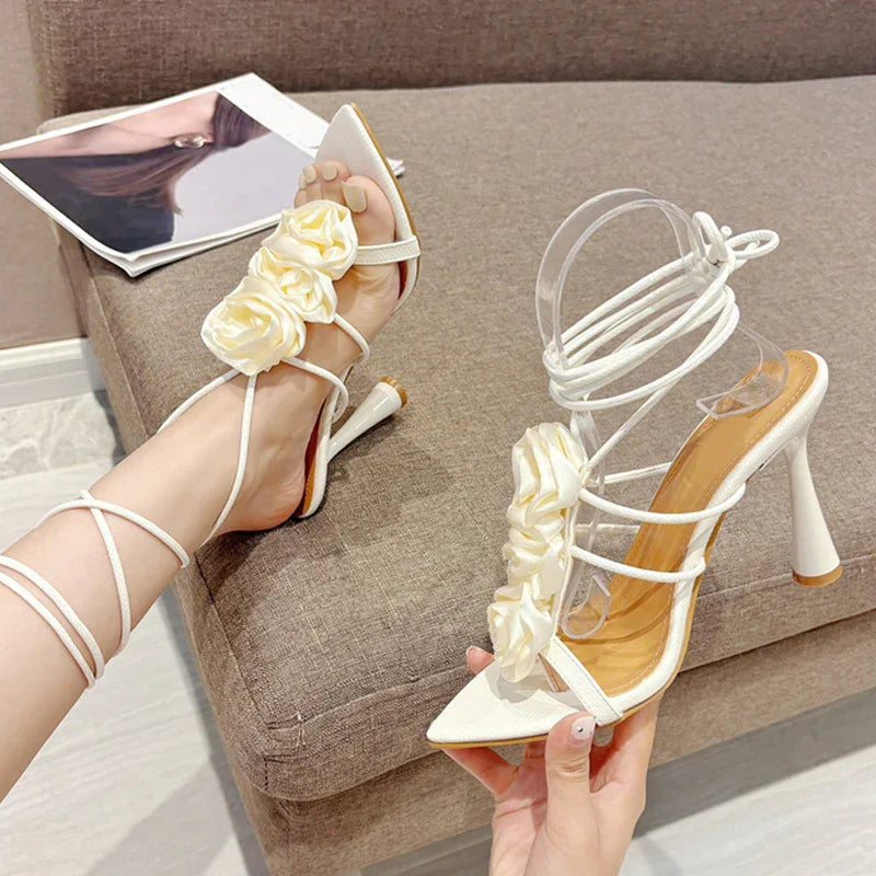 VougeVamp White Lace-Up High Heel Sandals - Pointed Toe Silk Rose Party Shoes for Women