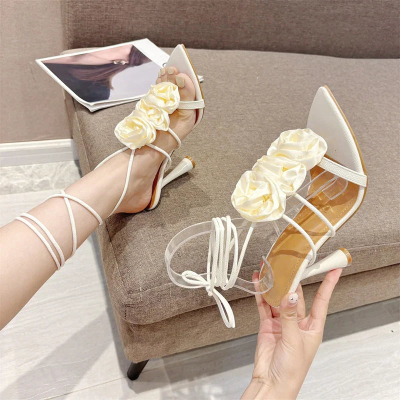 VougeVamp White Lace-Up High Heel Sandals - Pointed Toe Silk Rose Party Shoes for Women