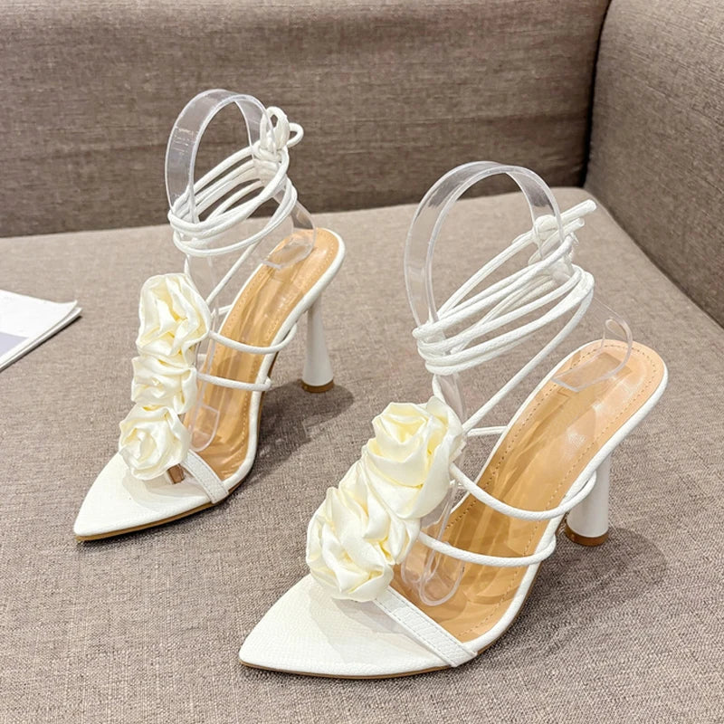 VougeVamp White Lace-Up High Heel Sandals - Pointed Toe Silk Rose Party Shoes for Women