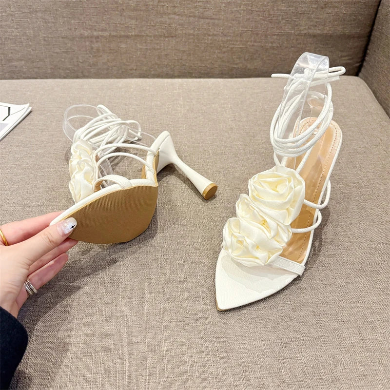 VougeVamp White Lace-Up High Heel Sandals - Pointed Toe Silk Rose Party Shoes for Women