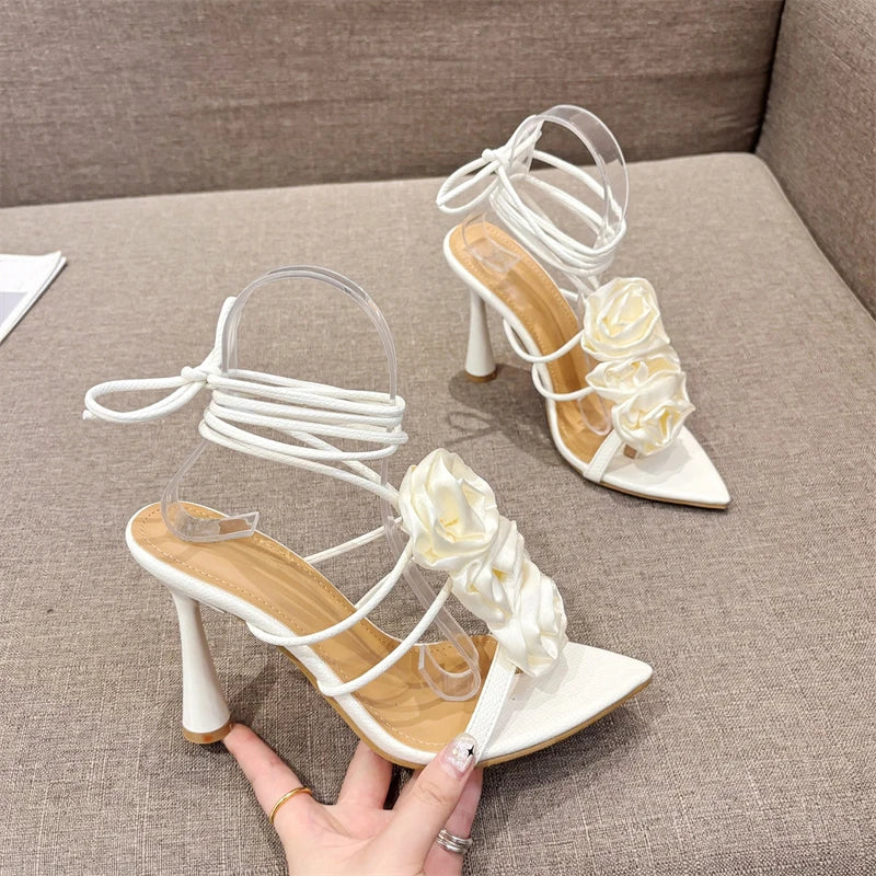 VougeVamp White Lace-Up High Heel Sandals - Pointed Toe Silk Rose Party Shoes for Women