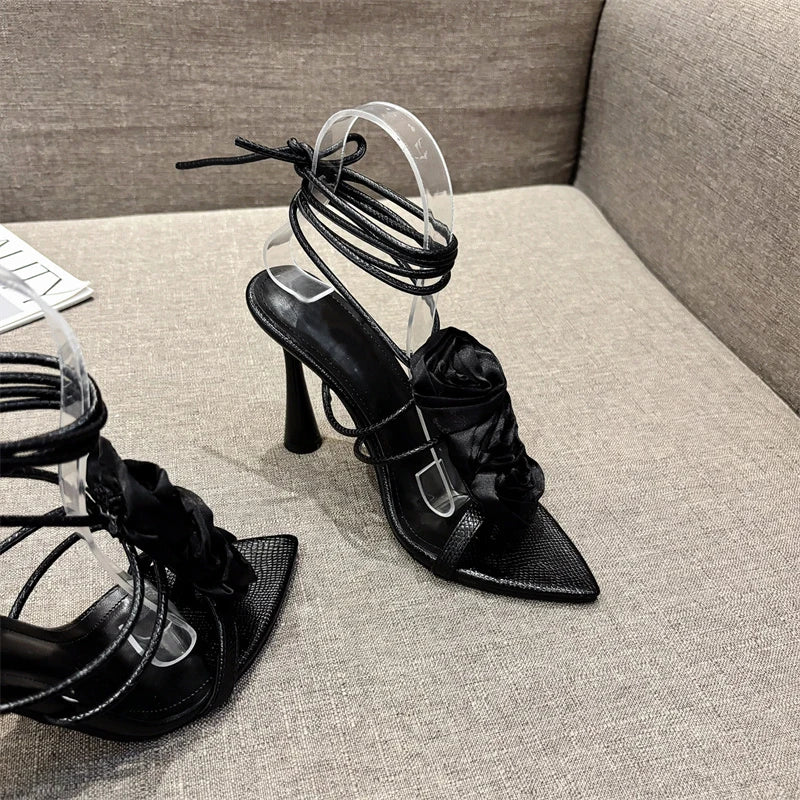 VougeVamp White Lace-Up High Heel Sandals - Pointed Toe Silk Rose Party Shoes for Women