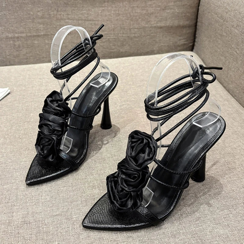 VougeVamp White Lace-Up High Heel Sandals - Pointed Toe Silk Rose Party Shoes for Women