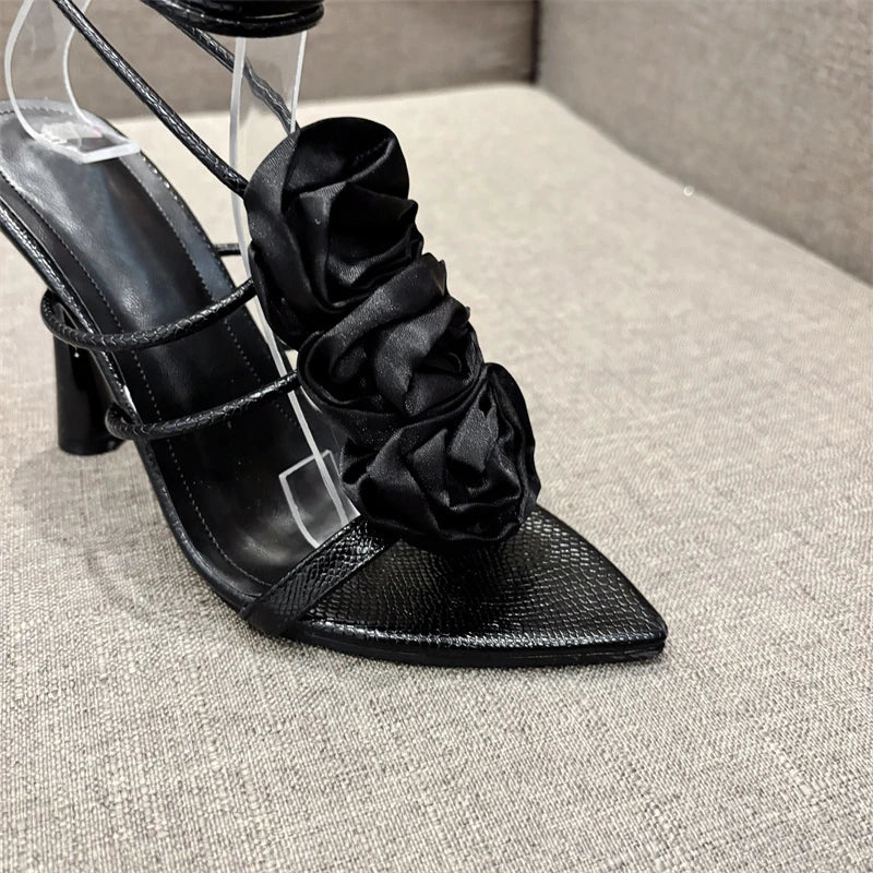 VougeVamp White Lace-Up High Heel Sandals - Pointed Toe Silk Rose Party Shoes for Women