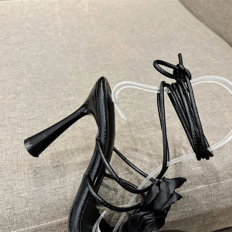 VougeVamp White Lace-Up High Heel Sandals - Pointed Toe Silk Rose Party Shoes for Women