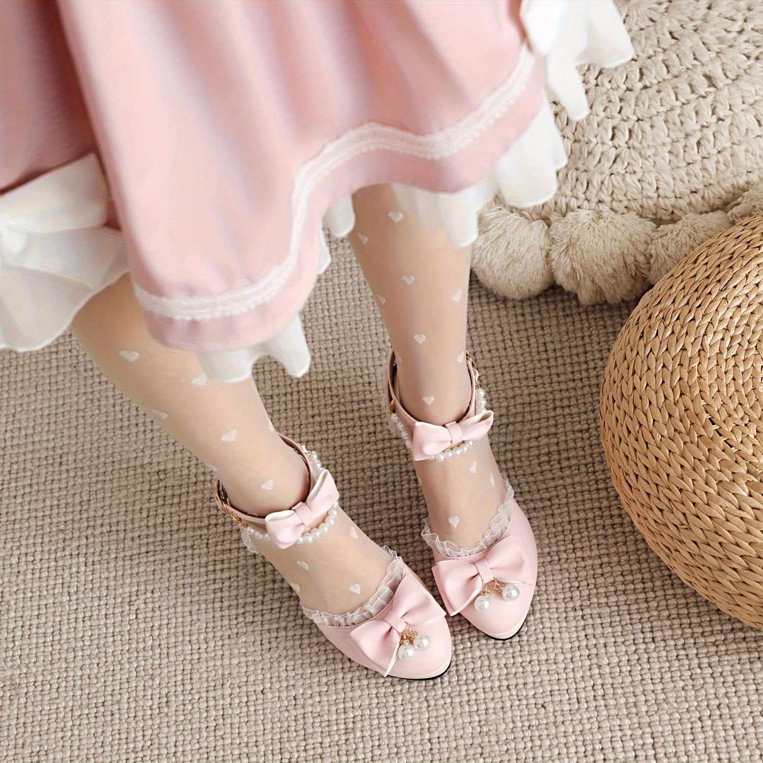 VougeVamp Lace Trim Bow High Heels – Elegant Faux Pearl Ankle Strap D'Orsay Pumps - VougeVampUK