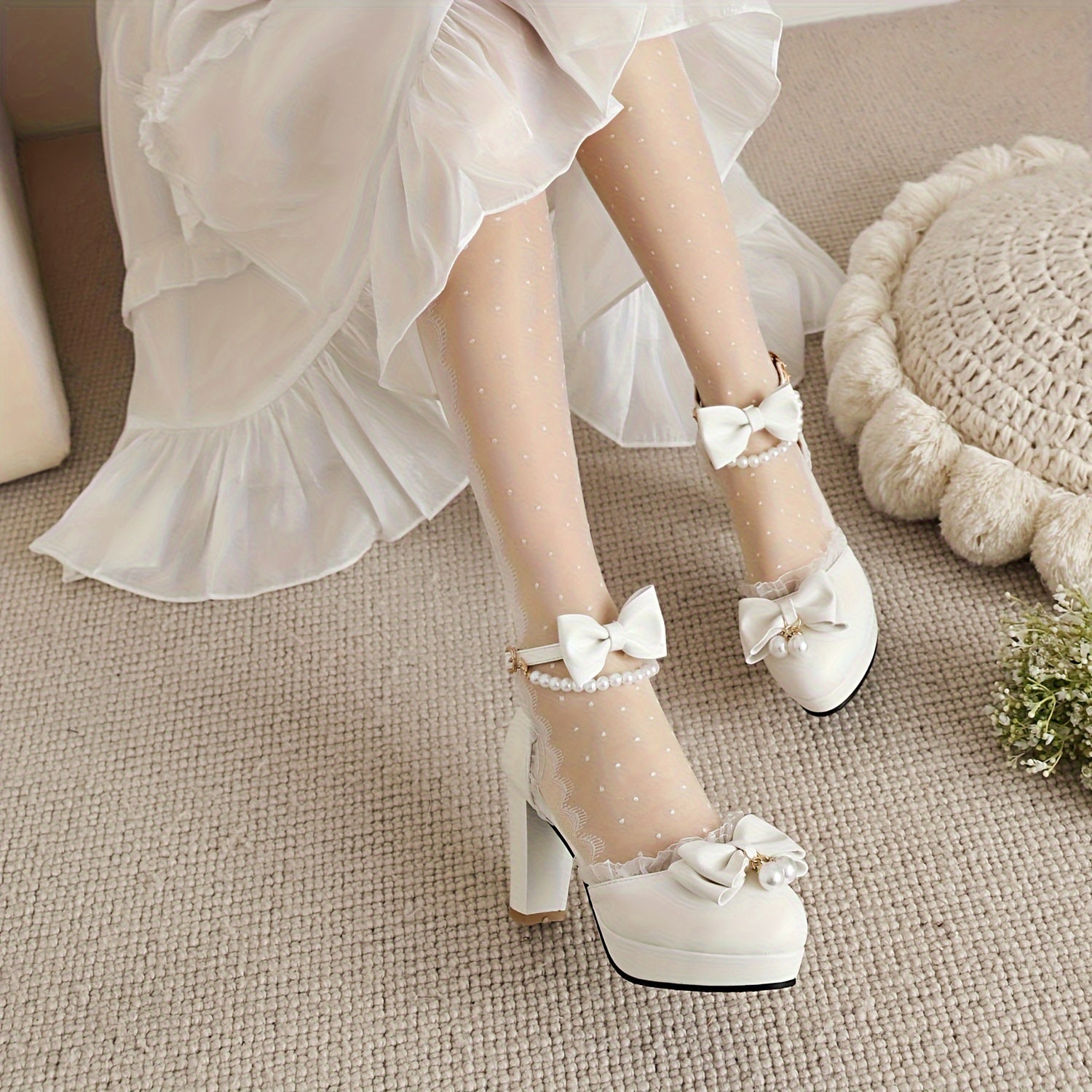 VougeVamp Lace Trim Bow High Heels – Elegant Faux Pearl Ankle Strap D'Orsay Pumps - VougeVampUK