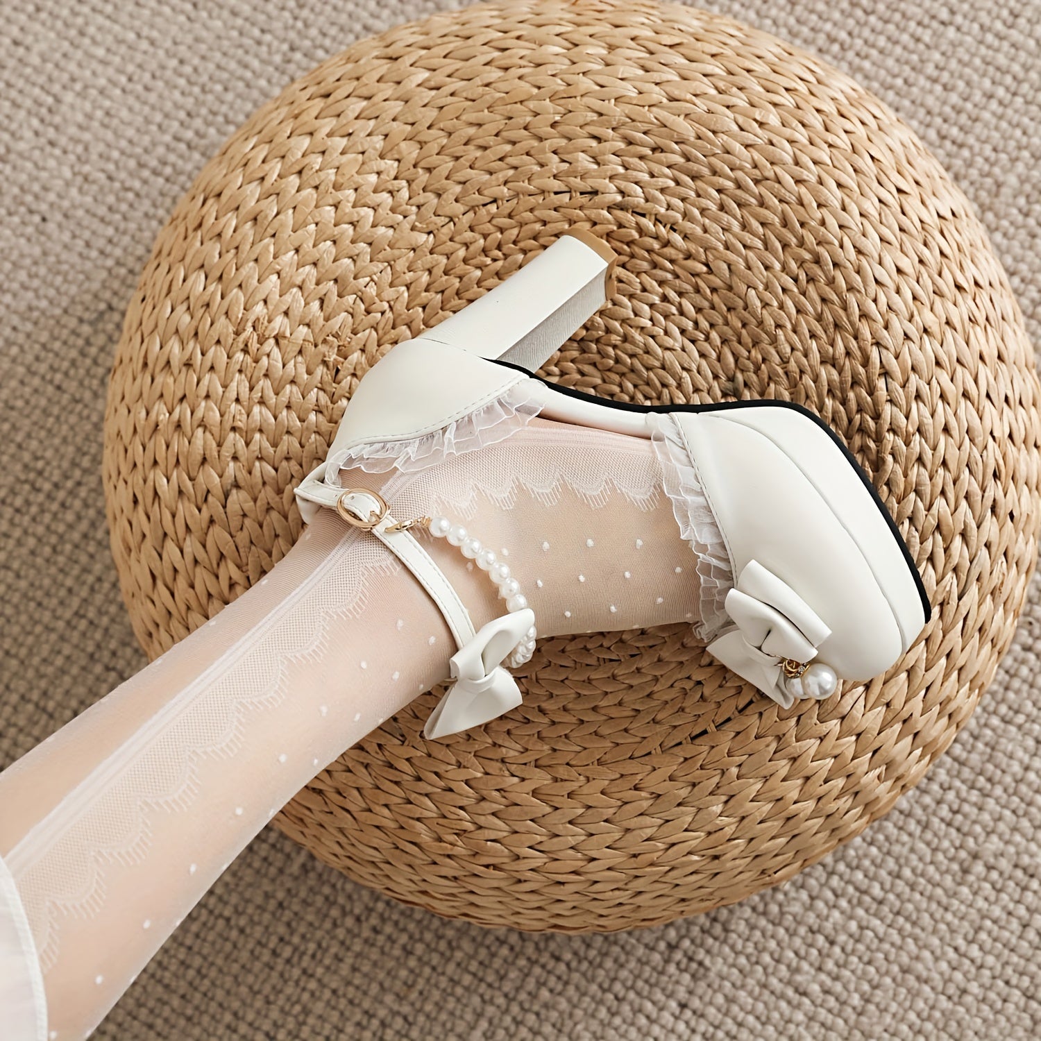 VougeVamp Lace Trim Bow High Heels – Elegant Faux Pearl Ankle Strap D'Orsay Pumps - VougeVampUK