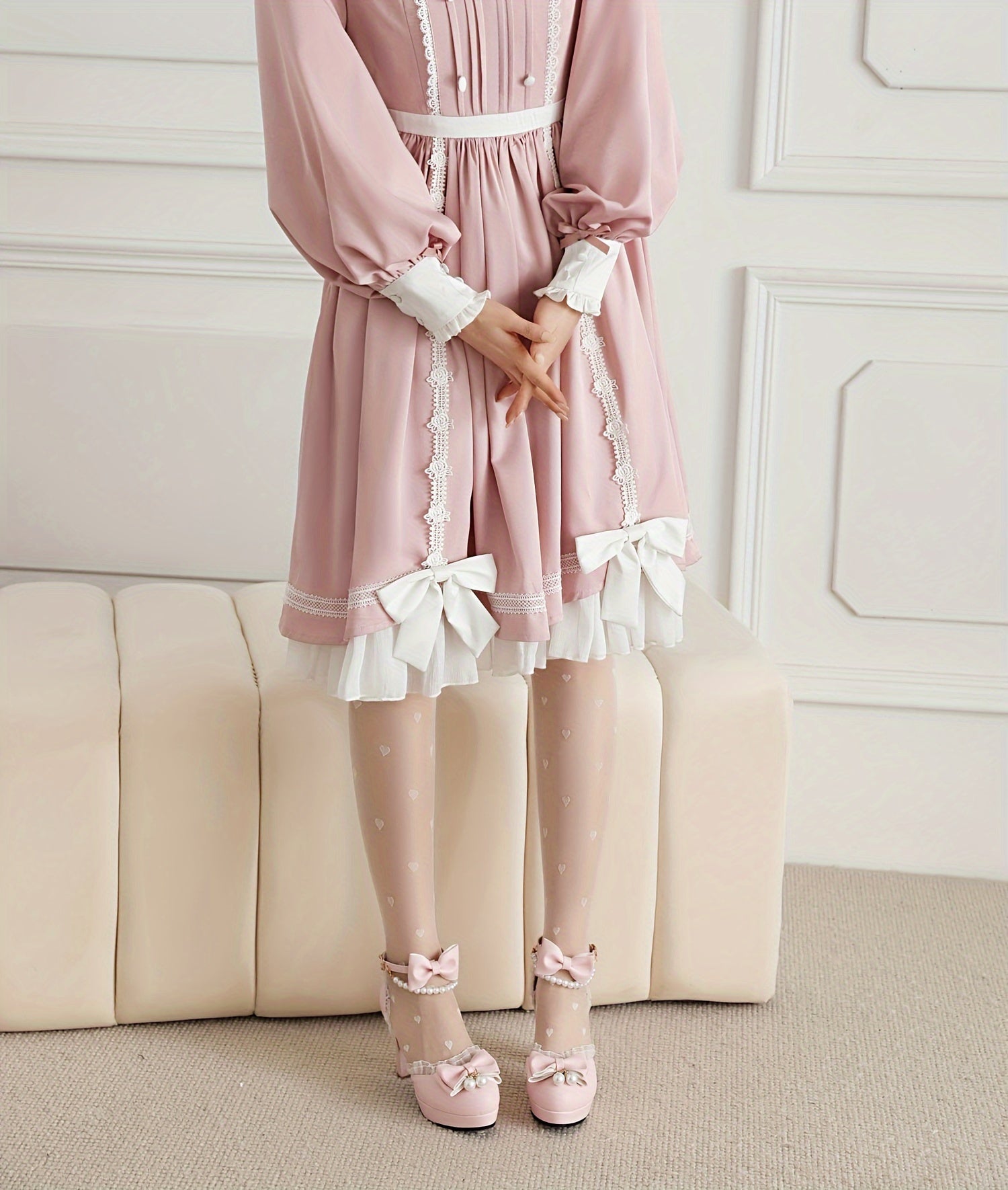 VougeVamp Lace Trim Bow High Heels – Elegant Faux Pearl Ankle Strap D'Orsay Pumps - VougeVampUK