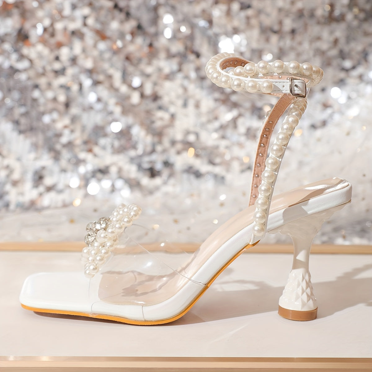 VougeVamp Women's White High Heel Sandals – Elegant Pearl Accent Stilettos with Square Toe & Flared Heel - VougeVampUK