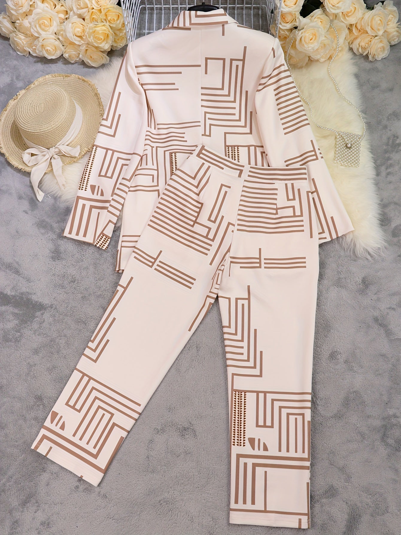 VougeVamp Women's Geometric-Patterned Suit Set – Long Sleeve Lapel Blazer & Trousers with Button Details