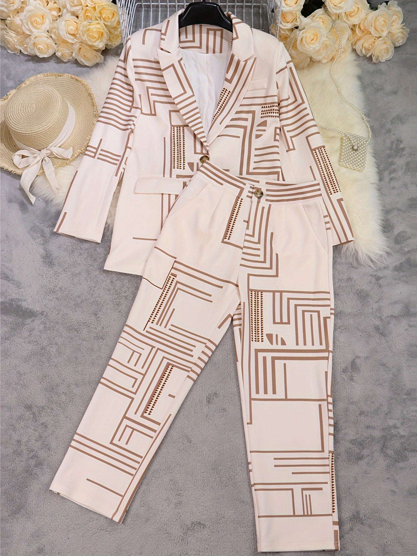 VougeVamp Women's Geometric-Patterned Suit Set – Long Sleeve Lapel Blazer & Trousers with Button Details