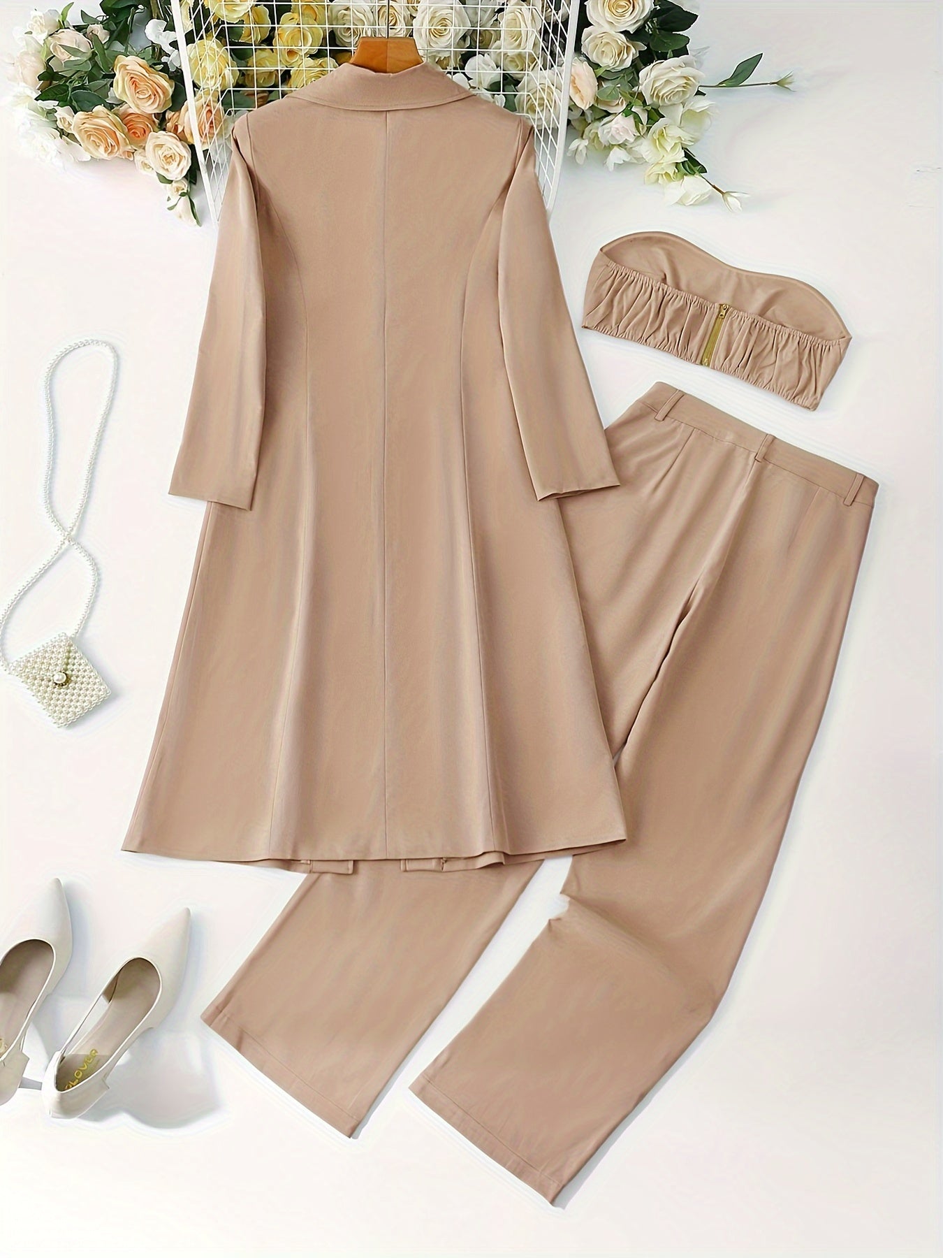 VougeVamp Stylish Floral Print Three-Piece Suit Set – Long Coat, Strapless Inner Top & Loose Straight-Leg Pants