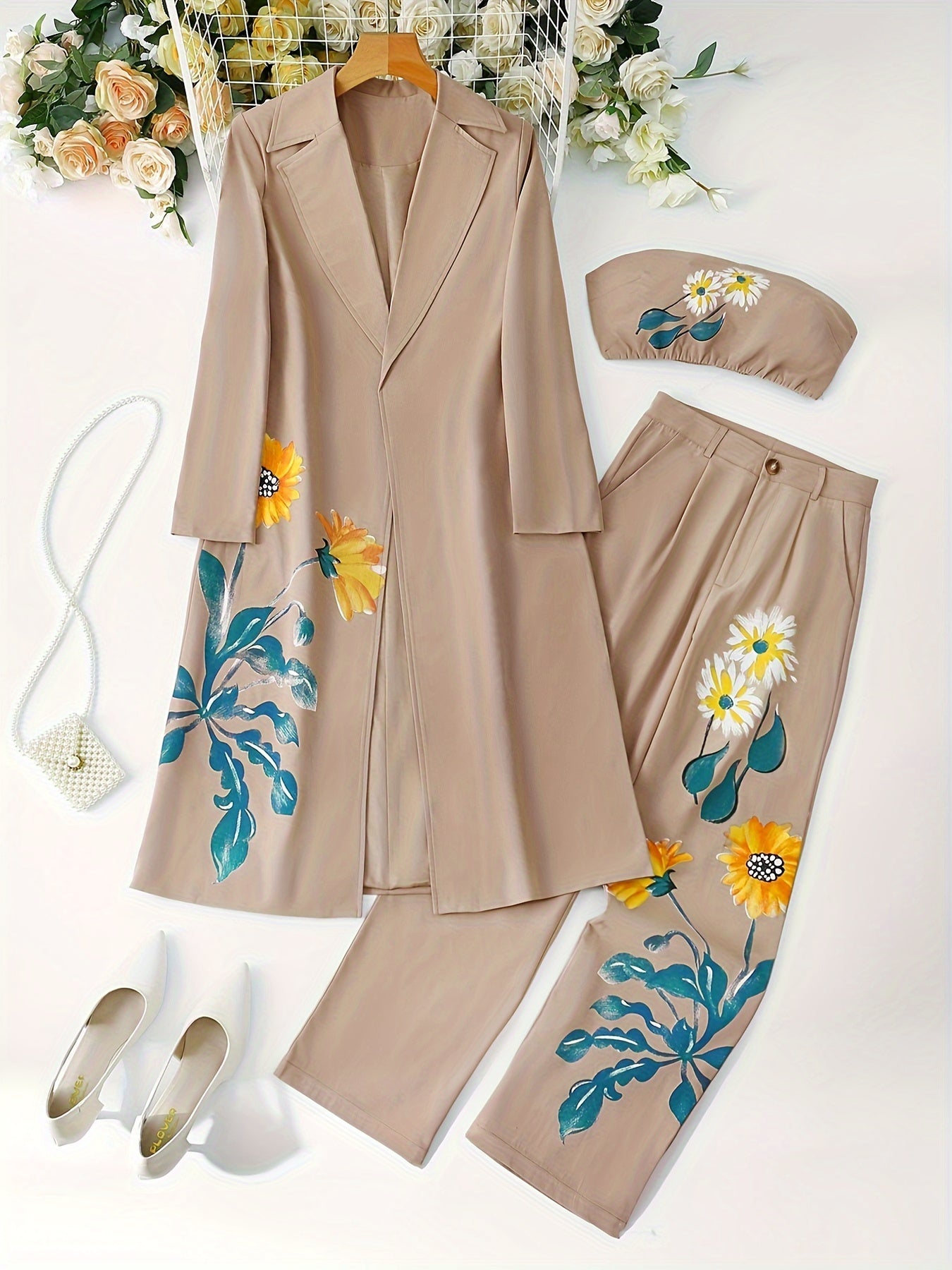 VougeVamp Stylish Floral Print Three-Piece Suit Set – Long Coat, Strapless Inner Top & Loose Straight-Leg Pants