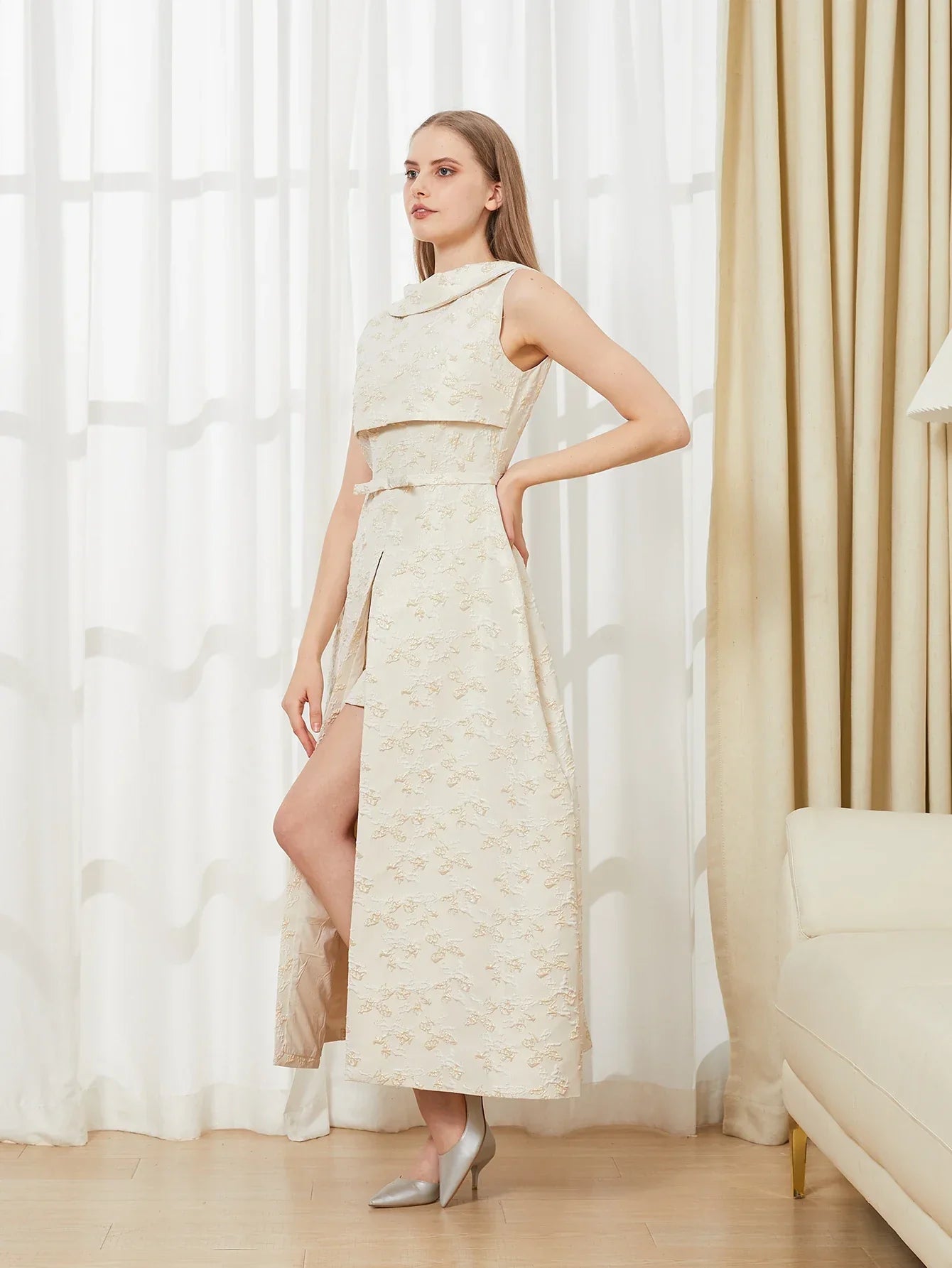 Elegant Backless Maxi Dress – Sleeveless Jacquard Evening Gown with High Slit for Women, Summer Party Dress - VougeVampUK