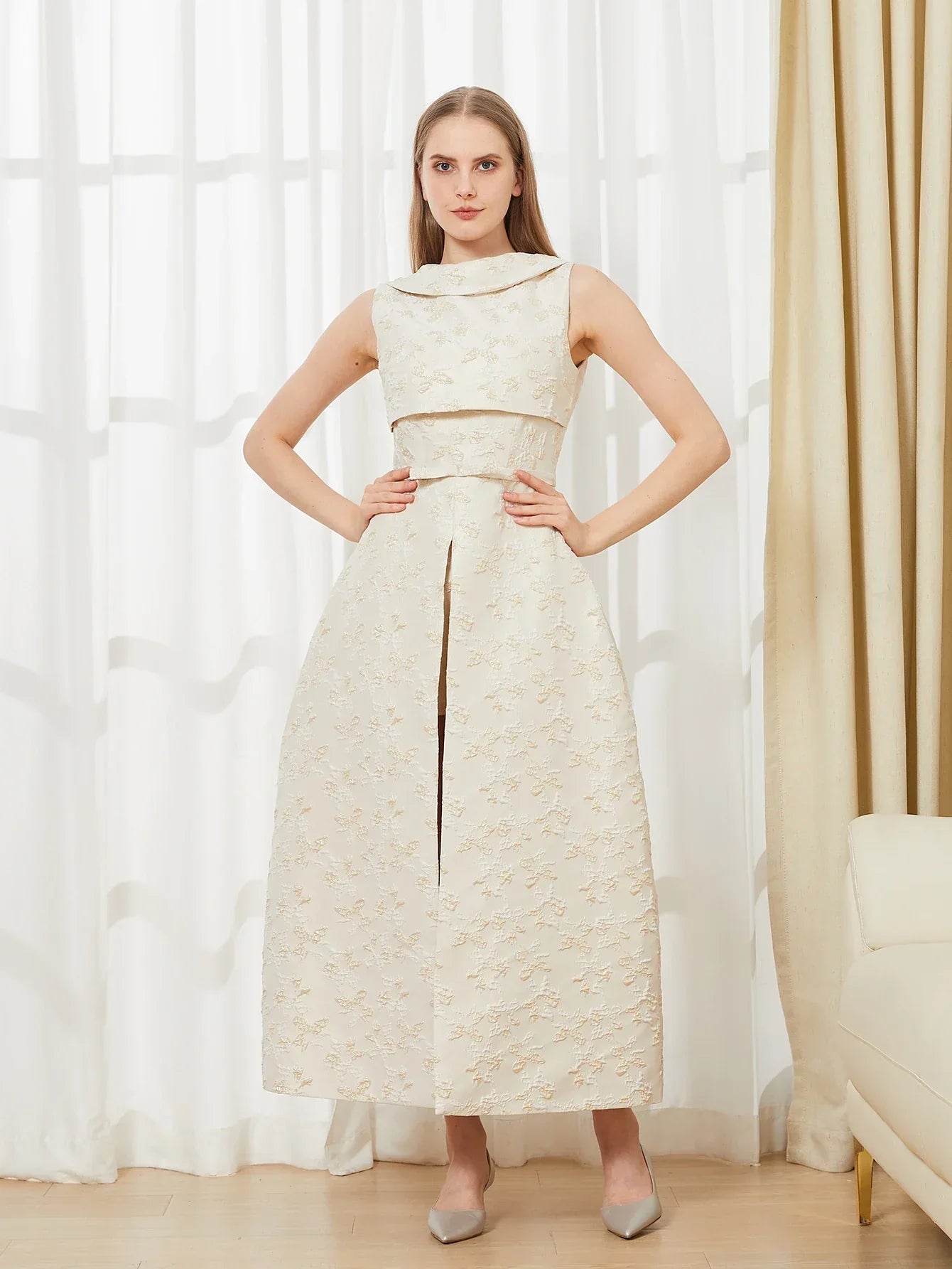 Elegant Backless Maxi Dress – Sleeveless Jacquard Evening Gown with High Slit for Women, Summer Party Dress - VougeVampUK