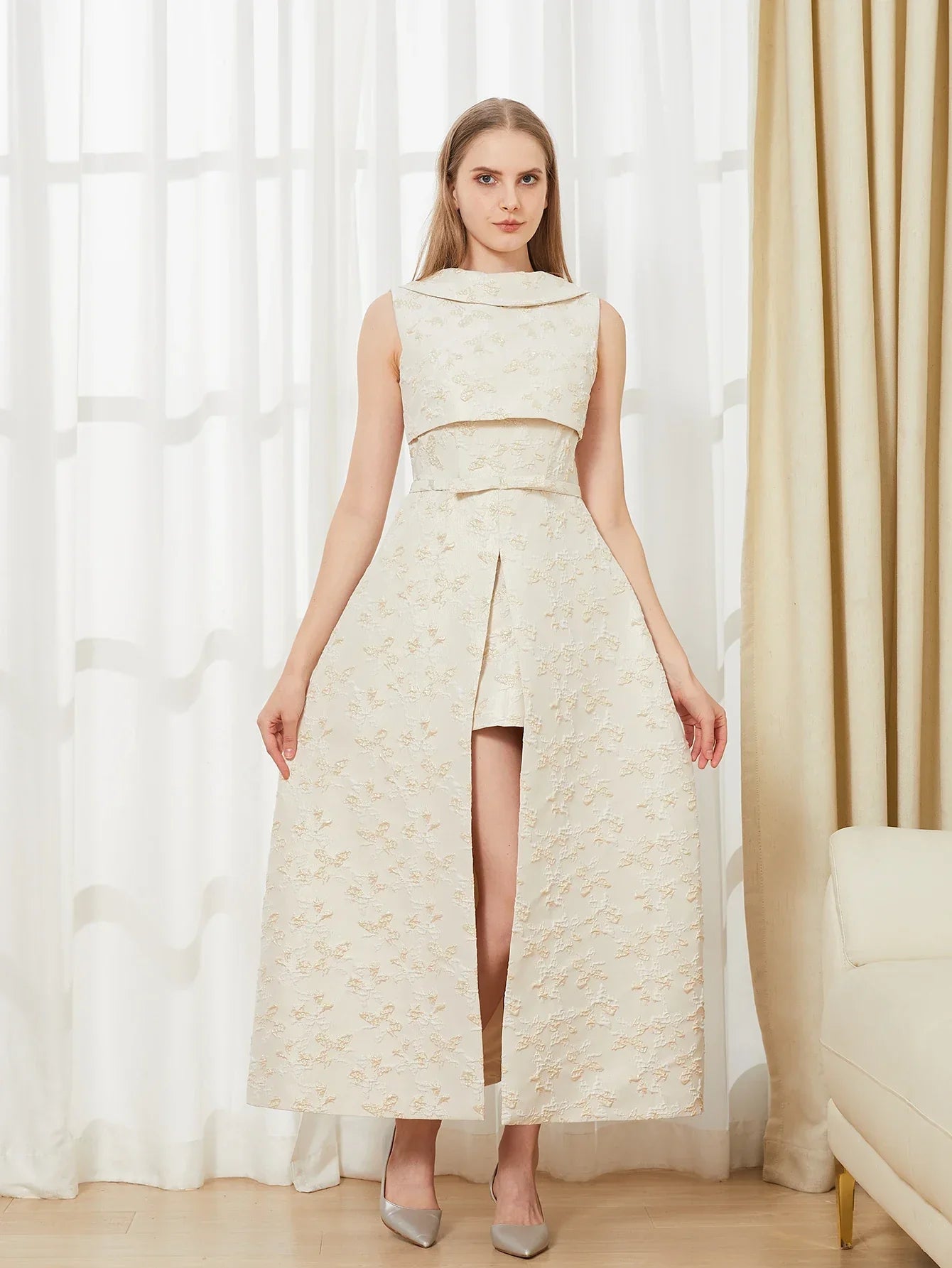 Elegant Backless Maxi Dress – Sleeveless Jacquard Evening Gown with High Slit for Women, Summer Party Dress - VougeVampUK