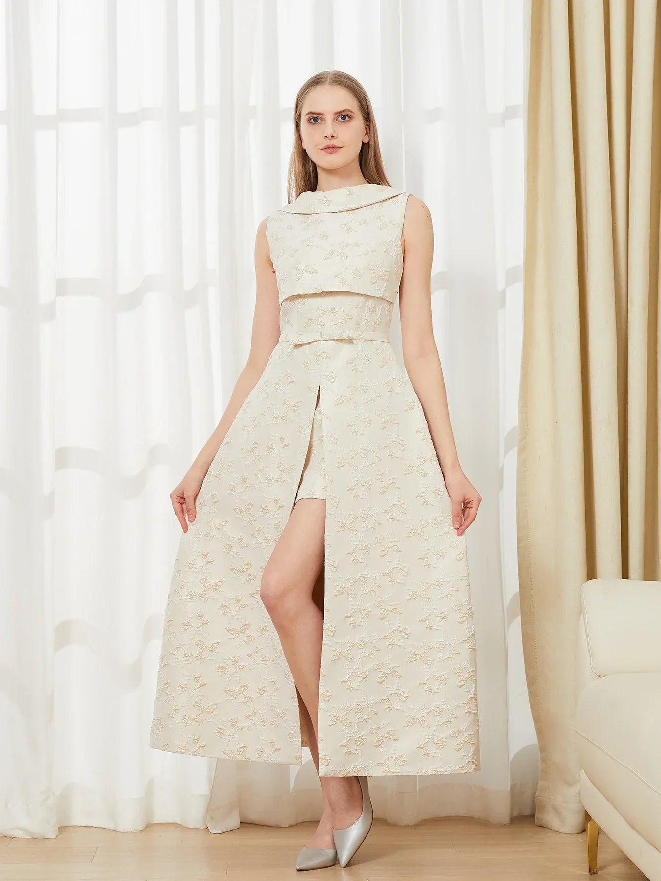 Elegant Backless Maxi Dress – Sleeveless Jacquard Evening Gown with High Slit for Women, Summer Party Dress - VougeVampUK