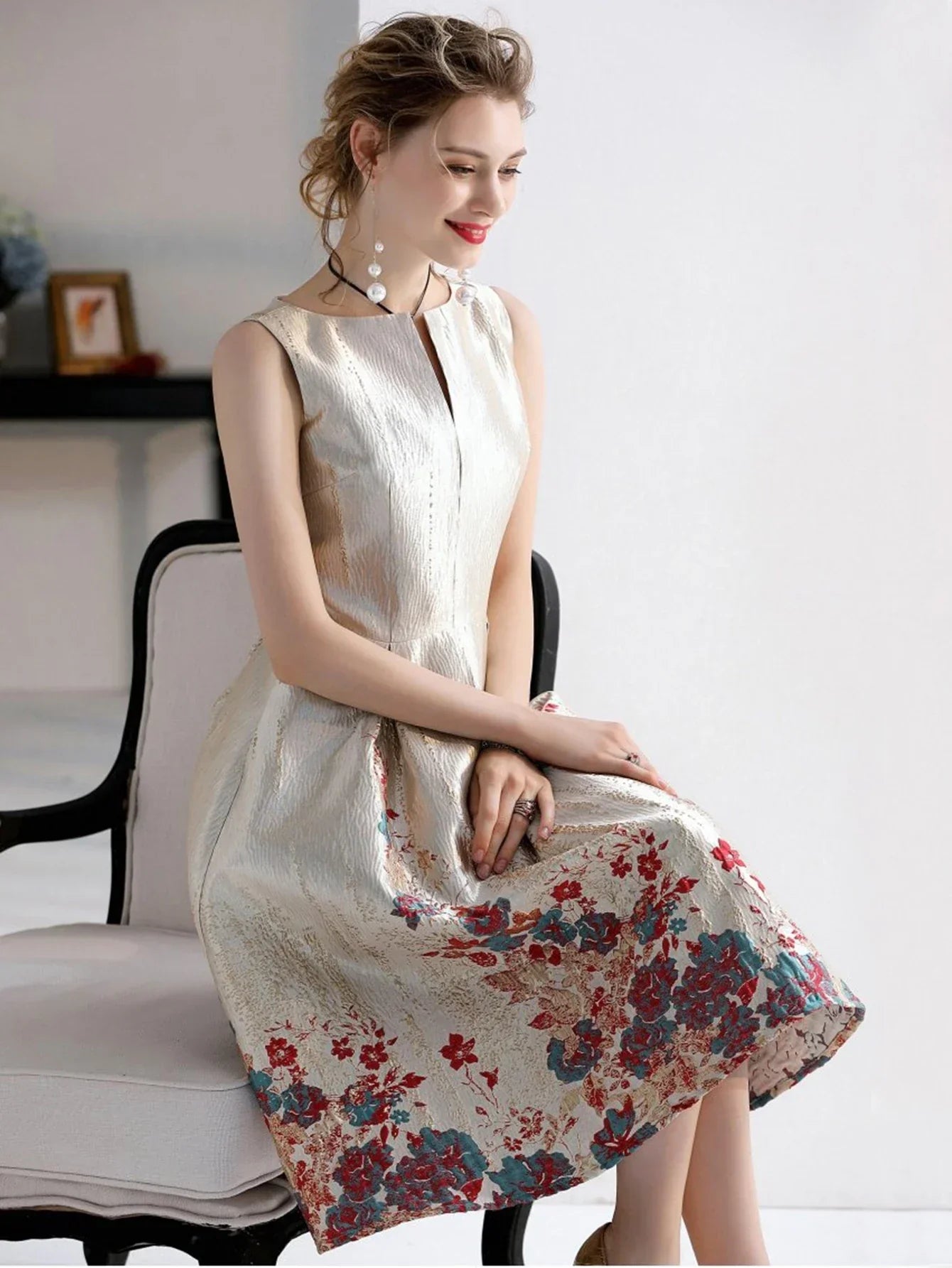 VougeVamp Luxury Jacquard Midi Dress – Sleeveless A-Line Party Gown for Women, Casual Evening Dress - VougeVampUK