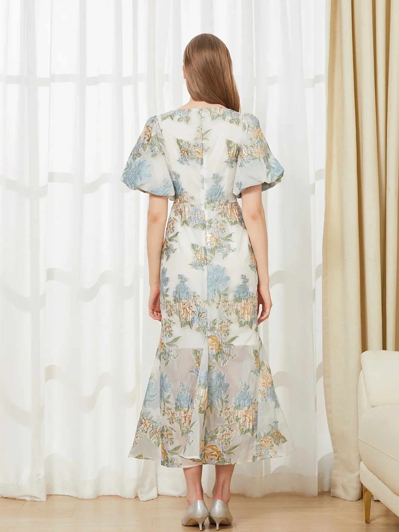 Elegant Floral Organza Fishtail Long Dress – Luxury Mermaid Evening Dress with Puff Sleeves for Slim Fit Party & Club Events - VougeVampUK