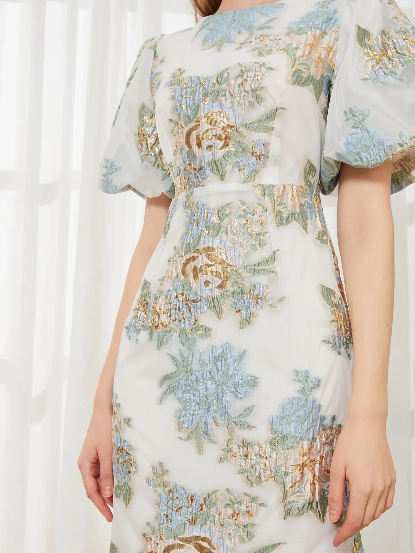 Elegant Floral Organza Fishtail Long Dress – Luxury Mermaid Evening Dress with Puff Sleeves for Slim Fit Party & Club Events - VougeVampUK