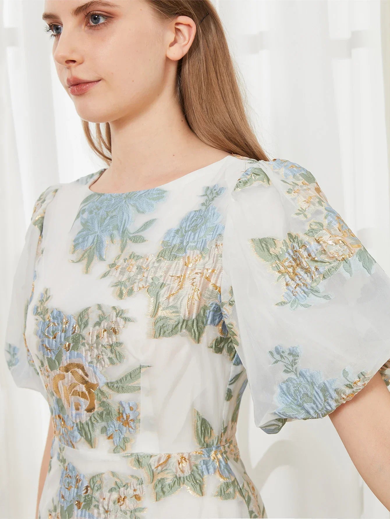 Elegant Floral Organza Fishtail Long Dress – Luxury Mermaid Evening Dress with Puff Sleeves for Slim Fit Party & Club Events - VougeVampUK