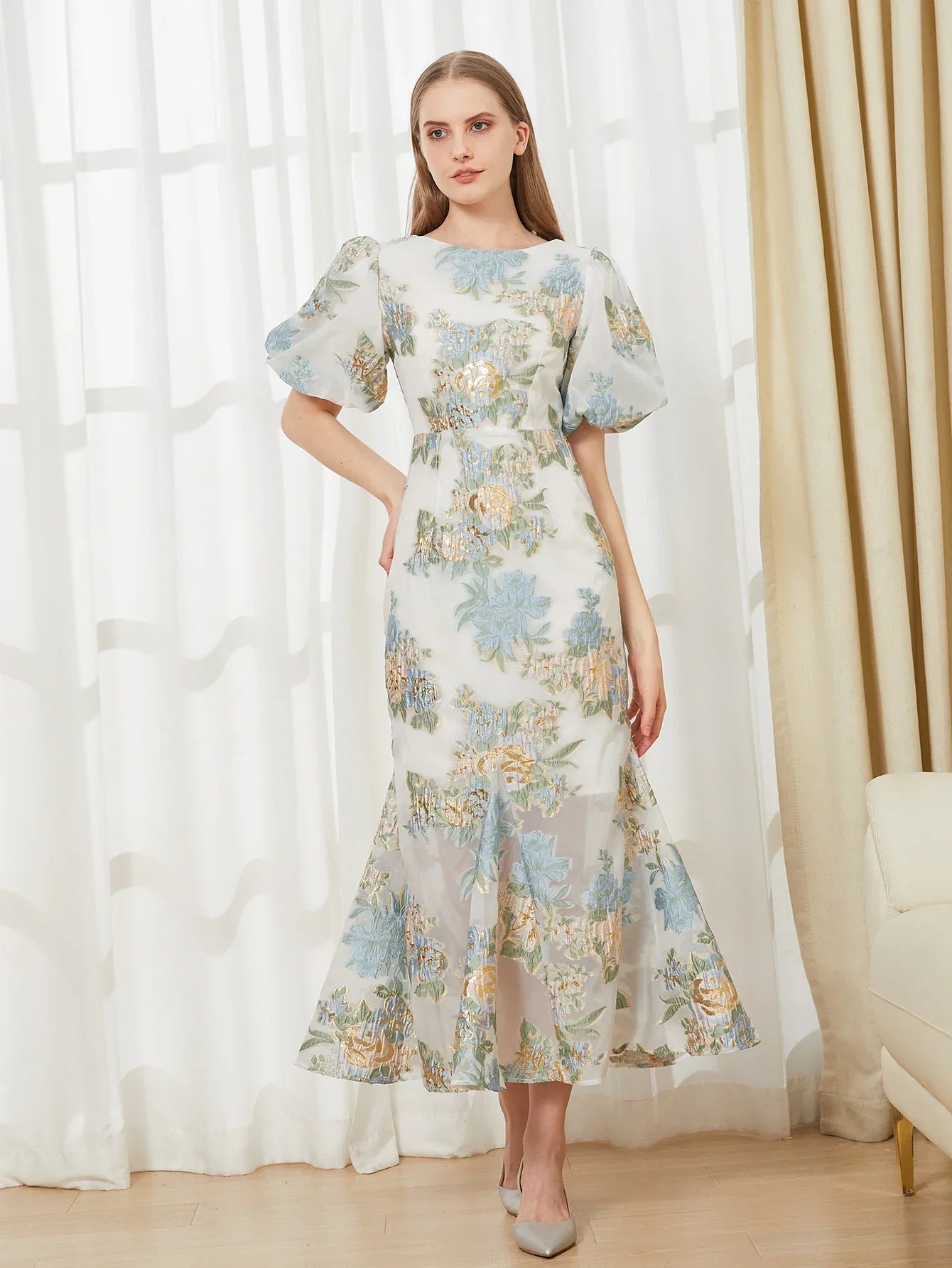 Elegant Floral Organza Fishtail Long Dress – Luxury Mermaid Evening Dress with Puff Sleeves for Slim Fit Party & Club Events - VougeVampUK