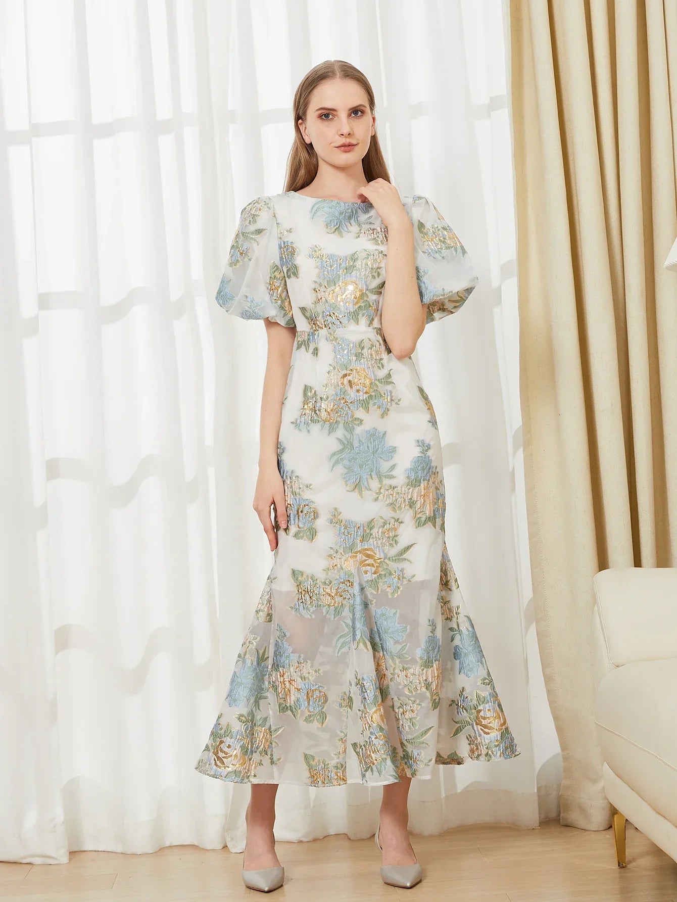 Elegant Floral Organza Fishtail Long Dress – Luxury Mermaid Evening Dress with Puff Sleeves for Slim Fit Party & Club Events - VougeVampUK