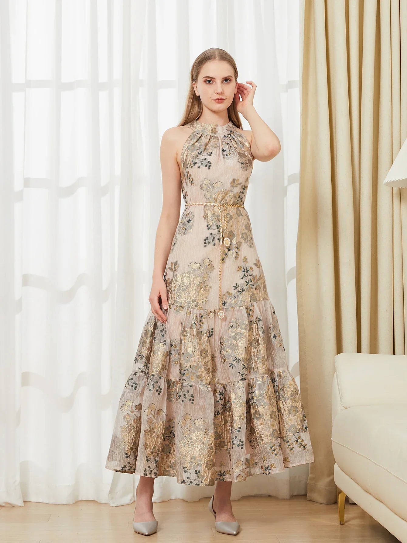 Elegant Embroidery Organza Backless Sleeveless Long Halter Dress – Fashion Beach Holiday Party Dress - VougeVampUK