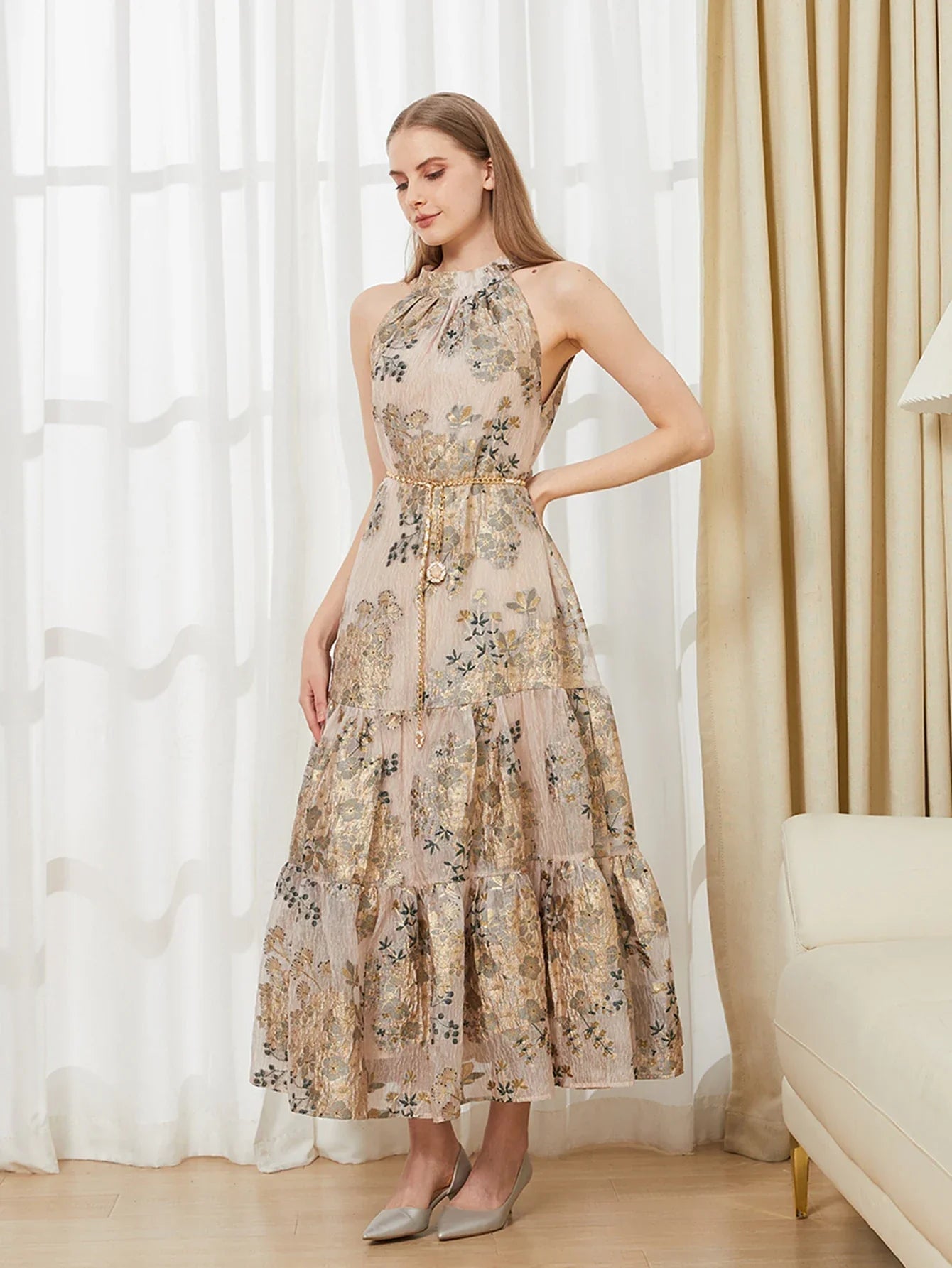 Elegant Embroidery Organza Backless Sleeveless Long Halter Dress – Fashion Beach Holiday Party Dress - VougeVampUK