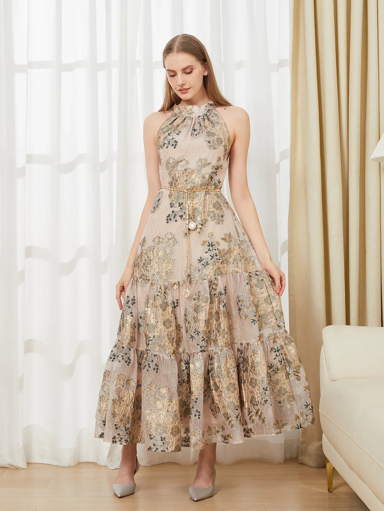 Elegant Embroidery Organza Backless Sleeveless Long Halter Dress – Fashion Beach Holiday Party Dress - VougeVampUK