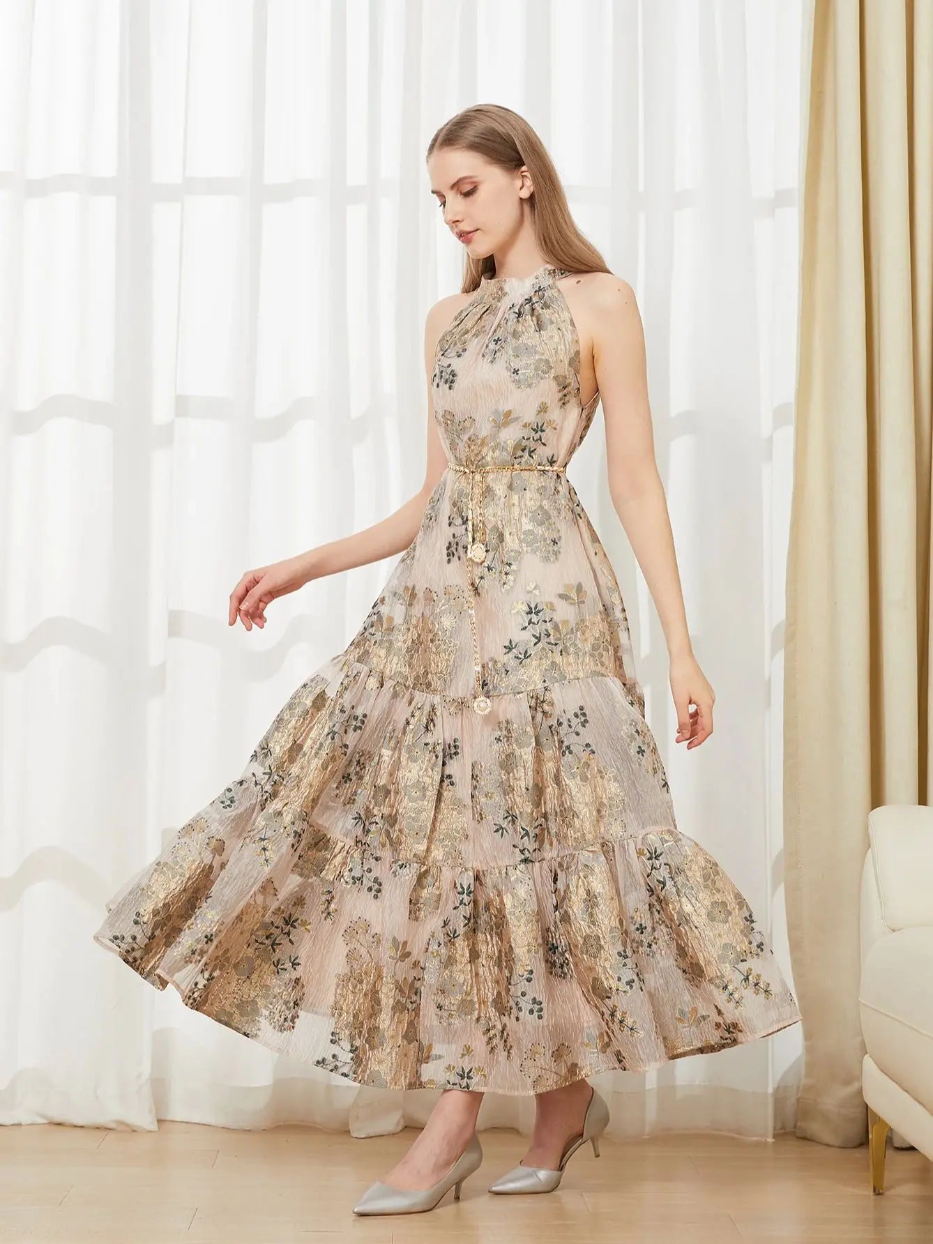 Elegant Embroidery Organza Backless Sleeveless Long Halter Dress – Fashion Beach Holiday Party Dress - VougeVampUK