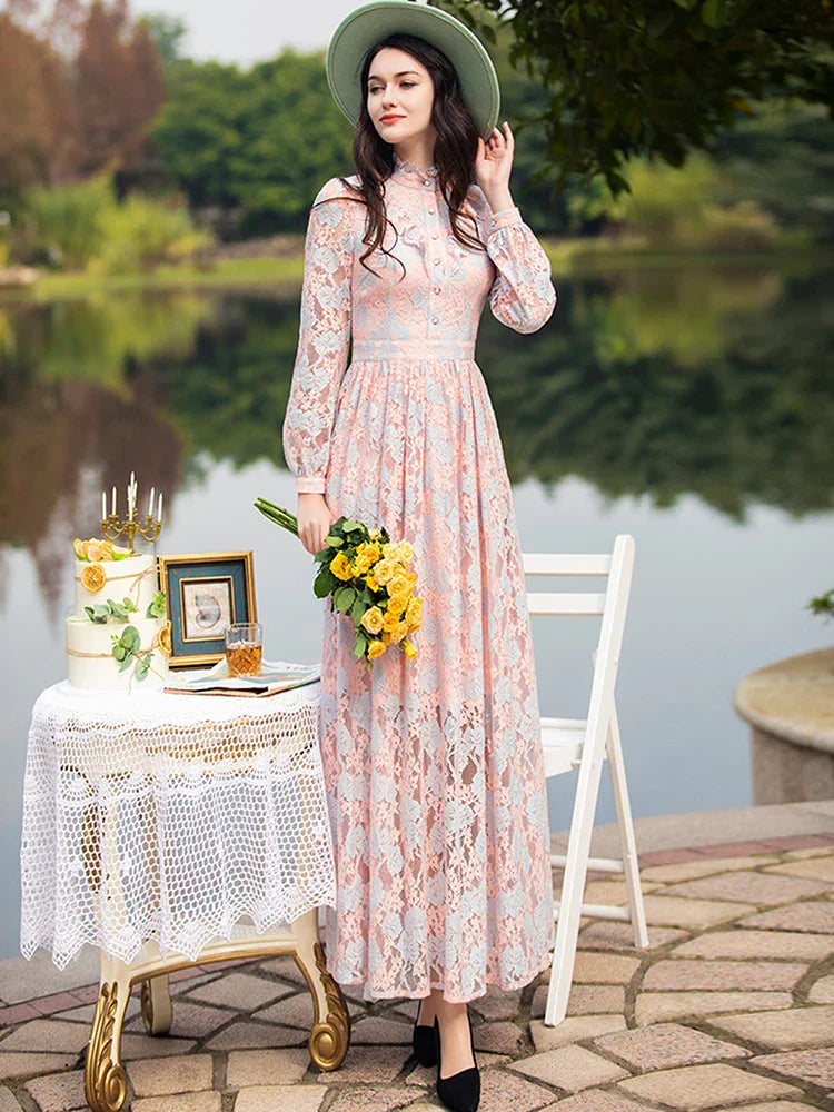 VougeVamp Elegant Floral Lace Long Dress – Women's Stand Collar Evening Gown with Long Sleeves for Parties & Proms