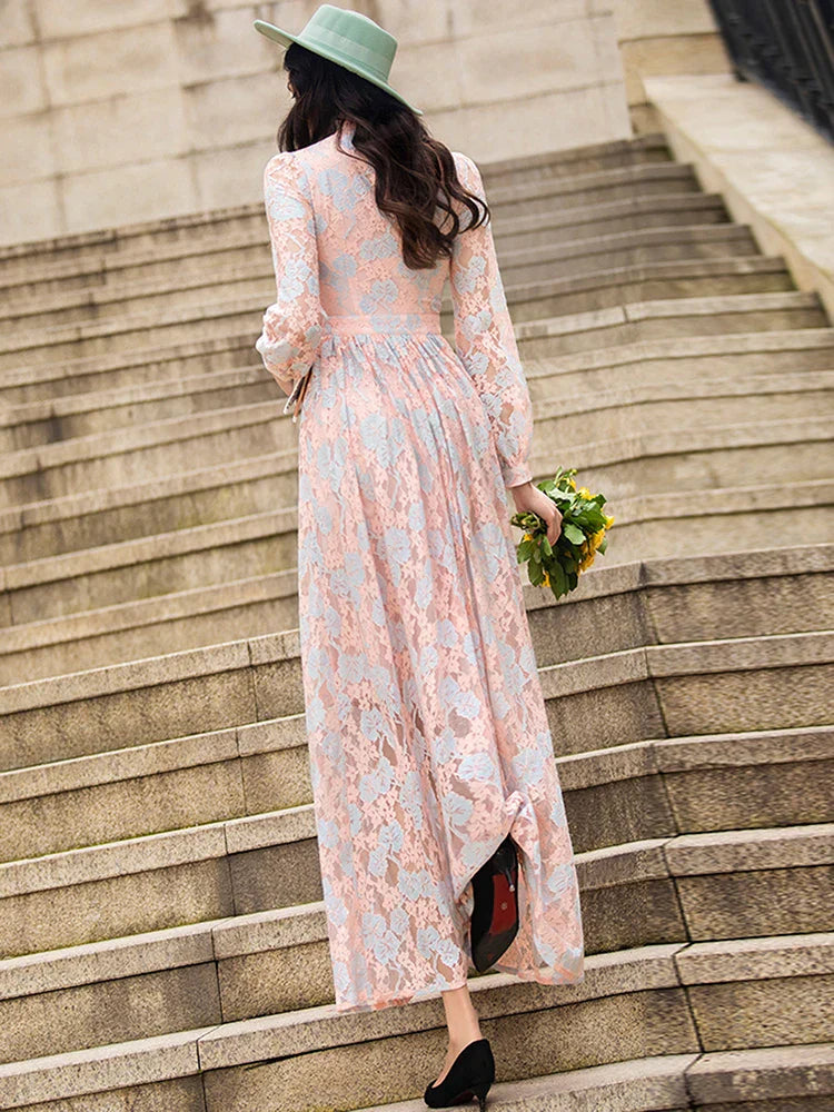 VougeVamp Elegant Floral Lace Long Dress – Women's Stand Collar Evening Gown with Long Sleeves for Parties & Proms