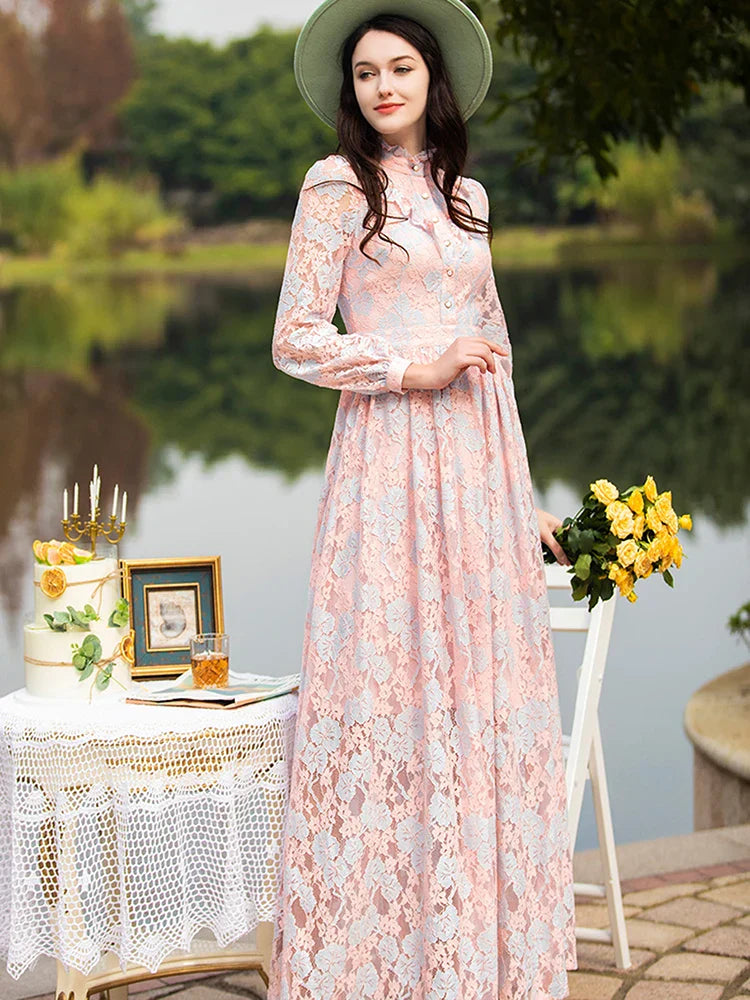 VougeVamp Elegant Floral Lace Long Dress – Women's Stand Collar Evening Gown with Long Sleeves for Parties & Proms