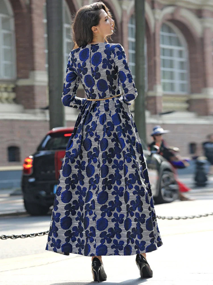 Women Jacquard Long Maxi Dress – Boho Stripe Floral Vintage Fashion for Fall & Winter Party - VougeVampUK