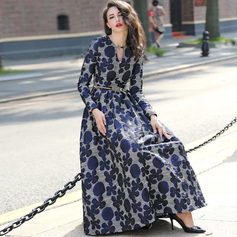 Women Jacquard Long Maxi Dress – Boho Stripe Floral Vintage Fashion for Fall & Winter Party - VougeVampUK