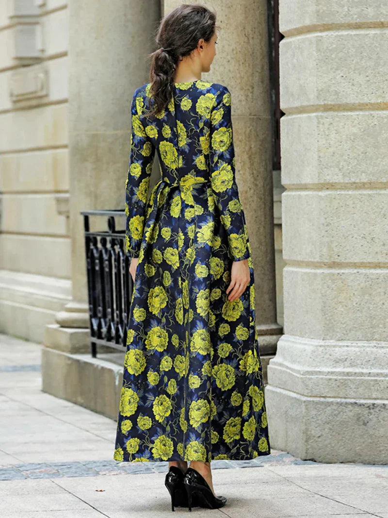 Elegant Jacquard Evening Gown – Vintage Floral Maxi Dress for Women, Luxury Party Gown - VougeVampUK