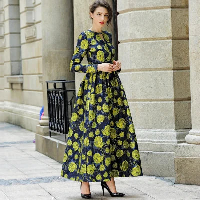 Elegant Jacquard Evening Gown – Vintage Floral Maxi Dress for Women, Luxury Party Gown - VougeVampUK