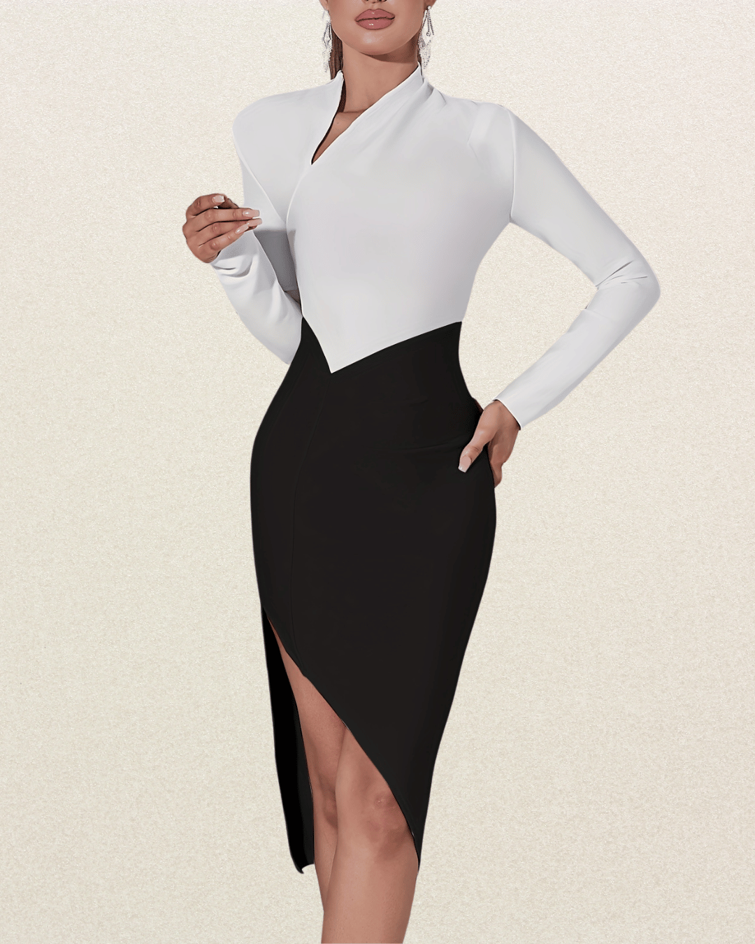 Women's Corporate Party Evening Bodycon Dress - Stand Collar, Asymmetrical Hem, Side Split