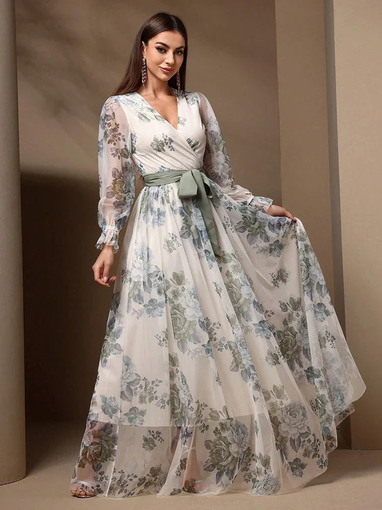 VougeVamp Elegant Floral Print Maxi Dress – Flare Sleeve Belted Lace Mesh Overlay Gown for Women