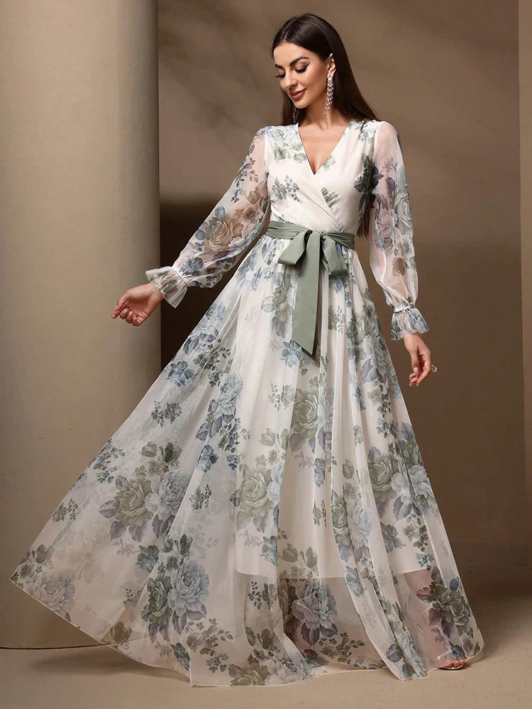 VougeVamp Elegant Floral Print Maxi Dress – Flare Sleeve Belted Lace Mesh Overlay Gown for Women