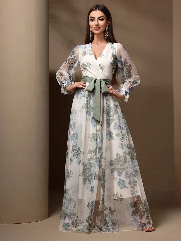 VougeVamp Elegant Floral Print Maxi Dress – Flare Sleeve Belted Lace Mesh Overlay Gown for Women
