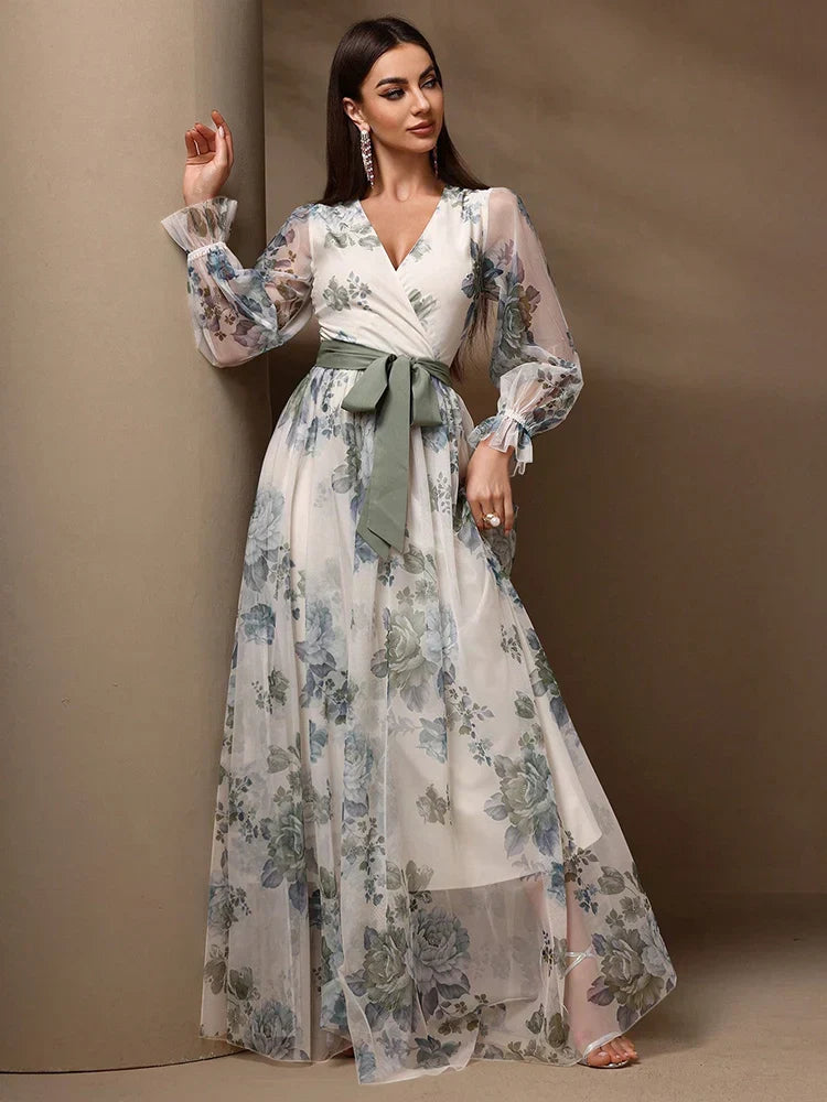 VougeVamp Elegant Floral Print Maxi Dress – Flare Sleeve Belted Lace Mesh Overlay Gown for Women