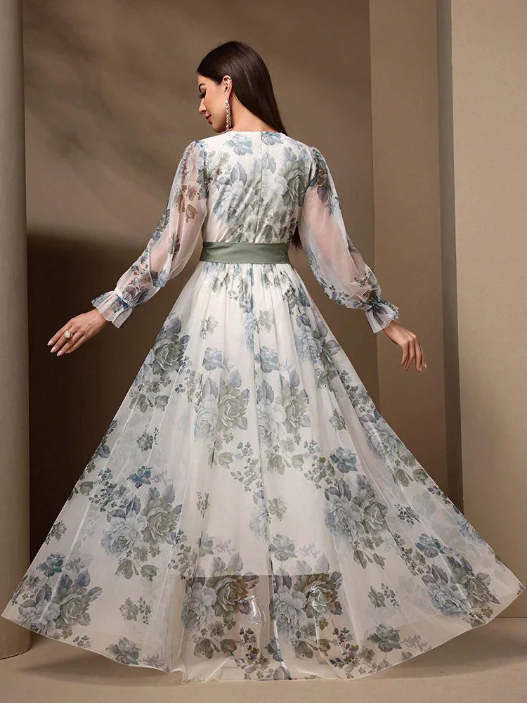 VougeVamp Elegant Floral Print Maxi Dress – Flare Sleeve Belted Lace Mesh Overlay Gown for Women