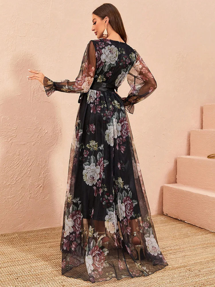 VougeVamp Elegant Floral Print Maxi Dress – Flare Sleeve Belted Lace Mesh Overlay Gown for Women