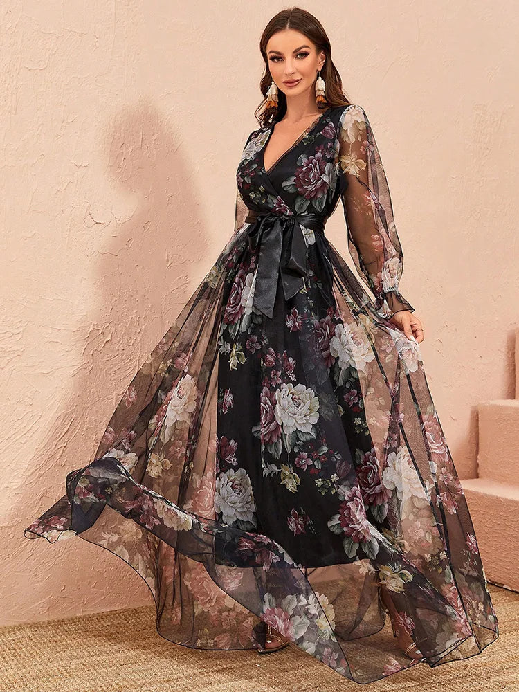 VougeVamp Elegant Floral Print Maxi Dress – Flare Sleeve Belted Lace Mesh Overlay Gown for Women