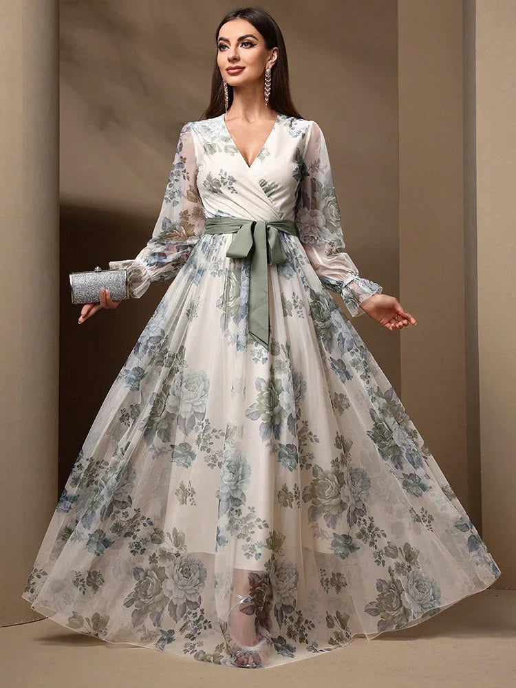 VougeVamp Elegant Floral Print Maxi Dress – Flare Sleeve Belted Lace Mesh Overlay Gown for Women